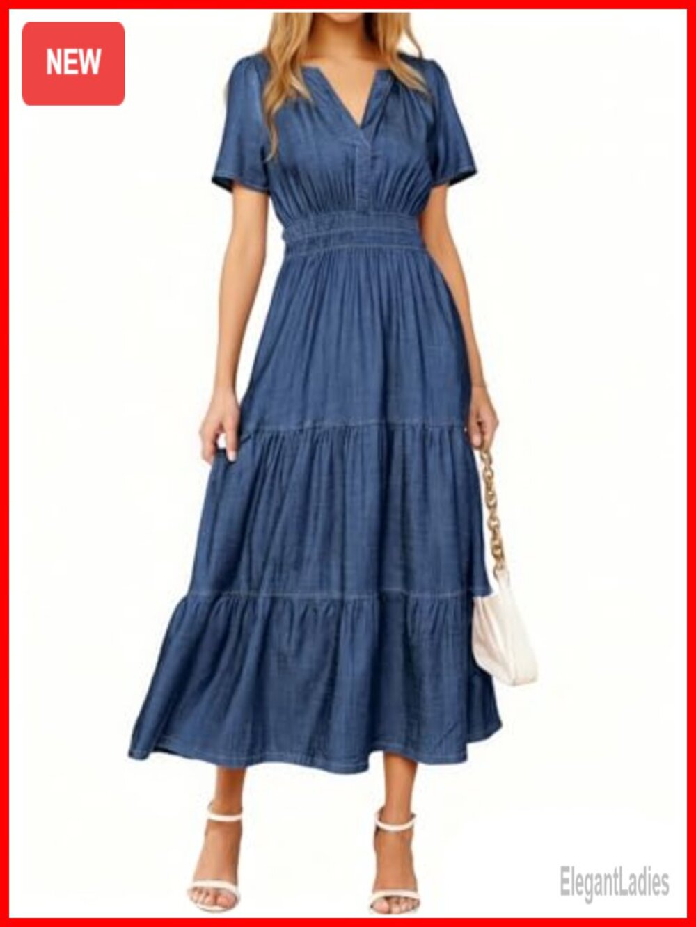Women's Denim Maxi Dress Short Sleeve V Neck Smocked Boho Flowy Jean Dress